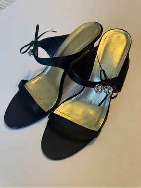 Anne Klein Black Satin Dress Sandals with Rhinestone Accent